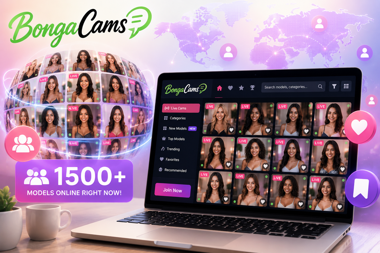 BongaCams（ボンガカムス）には常時1,500人以上のモデルが在籍